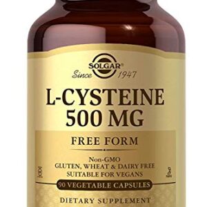 Solgar L-Cysteine 500 mg, 90 Vegetable Capsules - Free Form Amino Acid - Keratin Support for Skin, Hair & Nails - Glutathione Support - Vegan, Gluten Free, Dairy Free, Kosher - 90 Servings