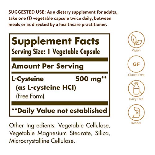 Solgar L-Cysteine 500 mg, 90 Vegetable Capsules - Free Form Amino Acid - Keratin Support for Skin, Hair & Nails - Glutathione Support - Vegan, Gluten Free, Dairy Free, Kosher - 90 Servings