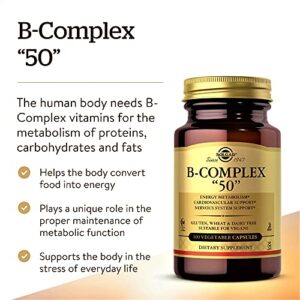 Solgar B-Complex “50”, 100 Vegetable Capsules - Energy Metabolism, Cardiovascular Support, Nervous System Support - Non-GMO, Vegan, Gluten Free, Dairy Free, Kosher, Halal - 100 Servings