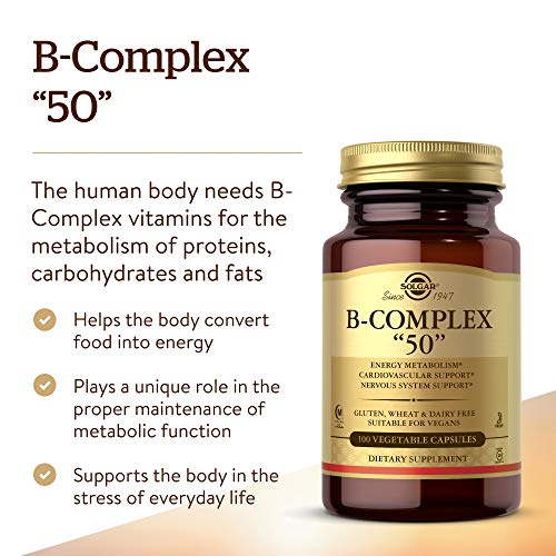 Solgar B-Complex “50”, 100 Vegetable Capsules - Energy Metabolism, Cardiovascular Support, Nervous System Support - Non-GMO, Vegan, Gluten Free, Dairy Free, Kosher, Halal - 100 Servings