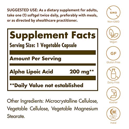 Solgar Alpha Lipoic Acid 200 mg, 50 Vegetable Capsules - Antioxidant Support - Helps to Recycle Glutathione, Vitamin C & E, CoQ-10 - Non-GMO, Vegan, Gluten Free, Dairy Free, Kosher - 50 Servings