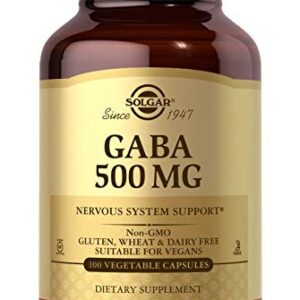 Solgar GABA 500 mg, 100 Vegetable Capsules - Relaxation & Nervous System Support - Amino Acid - Non-GMO, Vegan, Gluten Free, Dairy Free, Kosher - 100 Servings