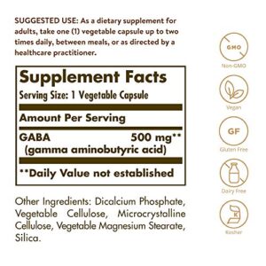 Solgar GABA 500 mg, 100 Vegetable Capsules - Relaxation & Nervous System Support - Amino Acid - Non-GMO, Vegan, Gluten Free, Dairy Free, Kosher - 100 Servings