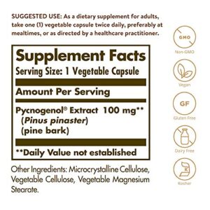 Solgar Pycnogenol 100 mg, 30 Vegetable Capsules - Antioxidant Protection - Healthy Leg & Vein Support - Non-GMO, Vegan, Gluten Free, Dairy Free, Kosher - 30 Servings