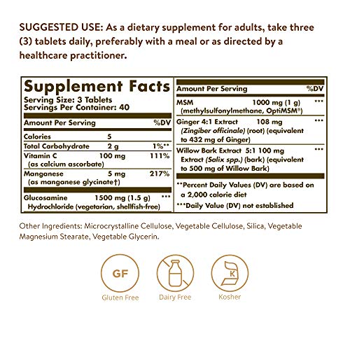 Solgar Glucosamine MSM Complex, 120 Tablets - Promotes Healthy Joints - Supports Range of Motion & Flexibility - Supports Collagen - Shellfish-Free - Gluten Free, Dairy Free, Kosher - 40 Servings