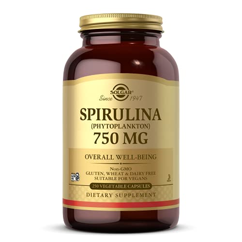 Solgar Spirulina 750 mg, 250 Vegetable Capsules - Plant Plankton - Overall Well-Being - Immune Support - Super-Green - Non-GMO, Vegan, Gluten Free, Dairy Free, Kosher - 62 Servings