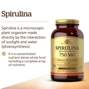 Solgar Spirulina 750 mg, 250 Vegetable Capsules - Plant Plankton - Overall Well-Being - Immune Support - Super-Green - Non-GMO, Vegan, Gluten Free, Dairy Free, Kosher - 62 Servings