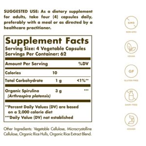 Solgar Spirulina 750 mg, 250 Vegetable Capsules - Plant Plankton - Overall Well-Being - Immune Support - Super-Green - Non-GMO, Vegan, Gluten Free, Dairy Free, Kosher - 62 Servings