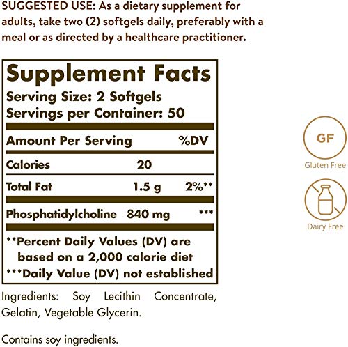 Solgar Phosphatidylcholine, 100 Softgels - Promote Healthy Cognitive Function - Derived From Lecithin - Contains Choline for Neurotransmitter Acetylcholine - Gluten Free, Dairy Free - 50 Servings