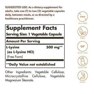 Solgar L-Lysine 500 mg, 250 Vegetable Capsules - Enhanced Absorption & Assimilation - Promotes Integrity of Skin & Lips - Collagen Support - Amino Acids - Non-GMO, Vegan, Gluten Free - 250 Servings