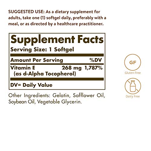 Solgar Vitamin E 268 mg (400 IU), 360 Alpha Softgels - Natural Antioxidant, Skin & Immune System Support - Naturally-Sourced Vitamin E - Gluten Free, Dairy Free - 360 Servings