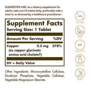 Solgar Chelated Copper, 100 Tablets - Essential for Collagen Formation - Highly Bioavailable Form - Supports Connective Tissue - Non-GMO, Vegan, Gluten Free, Dairy Free, Kosher - 100 Servings