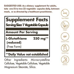 Solgar Reduced L-Glutathione 250 mg, 60 Vegetable Capsules - Antioxidant Support - Free Form Amino Acids - Non-GMO, Vegan, Gluten Free, Dairy Free, Kosher - 60 Servings