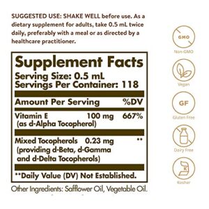 Solgar Liquid Vitamin E (with dropper), 2 fl. oz. - Antioxidant, Skin & Immune Support, Overall Health - Natural, Liquid Vitamin E - Non-GMO, Vegan, Gluten Free, Dairy Free, Kosher - 118 Servings