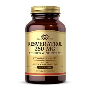 solgar resveratrol with red wine extract, 250 mg, 60 softgels – antioxidant protection – immune support – red wine polyphenol – non-gmo, gluten free, dairy free – 60 servings