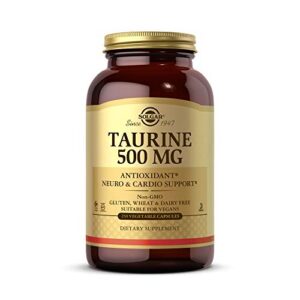 solgar taurine 500 mg, 250 vegetable capsules – antioxidant – brain & heart health – amino acid – vegan, gluten free, dairy free, kosher, halal – 250 servings