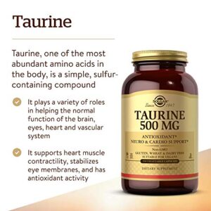 Solgar Taurine 500 mg, 250 Vegetable Capsules - Antioxidant - Brain & Heart Health - Amino Acid - Vegan, Gluten Free, Dairy Free, Kosher, Halal - 250 Servings