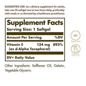 Solgar Vitamin E 200 IU Alpha, 100 Softgels - Antioxidant, Healthy Aging, Healthy Skin, Immune System Support - Natural Source Vitamin E - Gluten Free, Dairy Free - 100 Servings