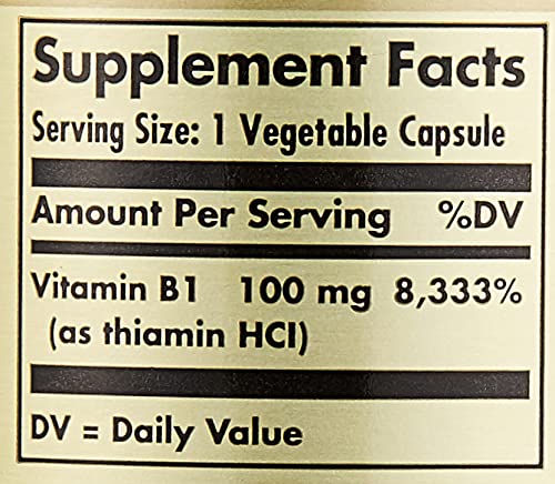 Solgar Vitamin B1 (Thiamin) 100 mg, 100 Vegetable Capsules - Energy Metabolism, Healthy Nervous System, Overall Well-Being - Non-GMO, Vegan, Gluten Free, Dairy Free - 100 Servings