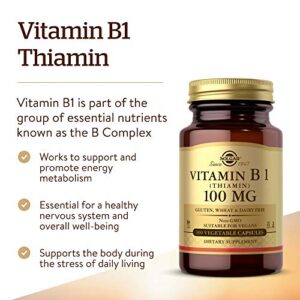 Solgar Vitamin B1 (Thiamin) 100 mg, 100 Vegetable Capsules - Energy Metabolism, Healthy Nervous System, Overall Well-Being - Non-GMO, Vegan, Gluten Free, Dairy Free - 100 Servings