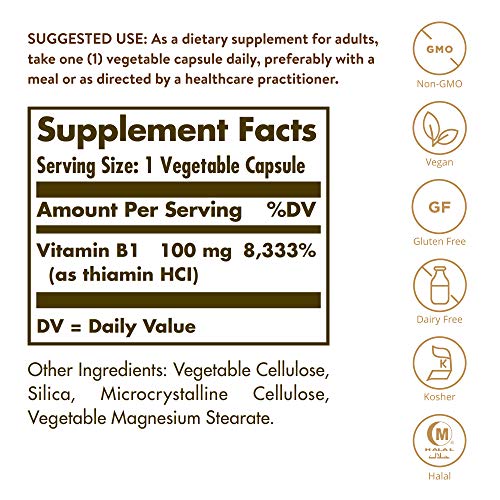 Solgar Vitamin B1 (Thiamin) 100 mg, 100 Vegetable Capsules - Energy Metabolism, Healthy Nervous System, Overall Well-Being - Non-GMO, Vegan, Gluten Free, Dairy Free - 100 Servings