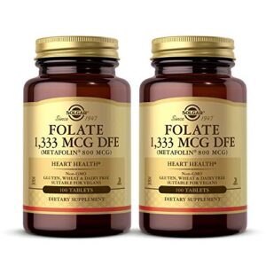 solgar folate 1,333 mcg dfe – 100 tablets, pack of 2 – 800 mcg bio-active metafolin – heart health – non-gmo, vegan, gluten free, dairy free, kosher – 200 total servings