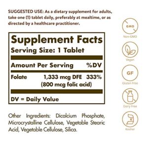 Solgar Folate 1,333 mcg DFE - 100 Tablets, Pack of 2 - 800 mcg Bio-Active Metafolin - Heart Health - Non-GMO, Vegan, Gluten Free, Dairy Free, Kosher - 200 Total Servings