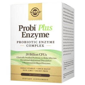solgar probi plus enzyme complex, 30 capsules – 20 billion cfu probiotic plus enzymes – once daily – clinically-studied to alleviate occasional gas & bloating – non-gmo & dairy free, 30 servings