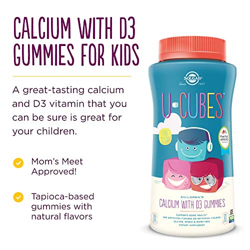 Solgar U-Cubes Children's Calcium with Vitamin D3, 120 Gummies - Strawberry Flavor - Supports Bone & Teeth Health - Non GMO Gluten Free, Dairy Free - 60 Servings