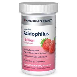 american health daily chewable tablet acidophilus, 1 billion live cultures, beneficial bacteria for the digestive & immune systems, strawberry, 60 count