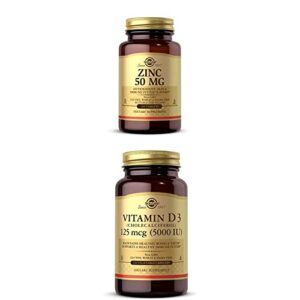 solgar zinc 50 mg, 100 tablets – zinc for healthy skin, taste & vision + solgar vitamin d3 (cholecalciferol) 125 mcg (5,000 iu) vegetable capsules – 240 count
