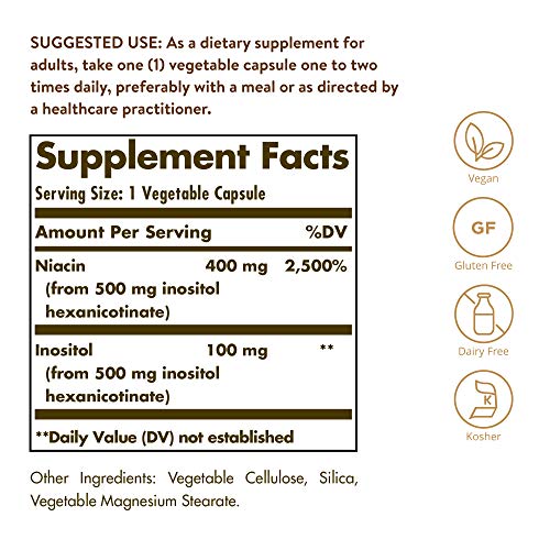 Solgar No-Flush Niacin 500 mg, 250 Vegetable Capsules - Cardiovascular Support - Supports Energy Metabolism - No-Flush Delivery - Vegan, Gluten Free, Dairy Free, Kosher - 250 Servings