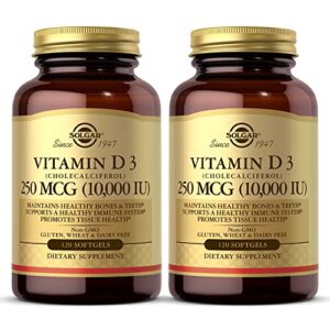 solgar vitamin d3 (cholecalciferol) 250 mcg (10,000 iu) – helps maintain healthy bones & teeth – immune system support – non-gmo, gluten free, dairy free – 120 servings, 120 count (pack of 2)