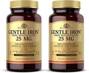 solgar – gentle iron 25 mg vegetable capsules 180 count 2 pack easy on stomach, promote red blood cell production.