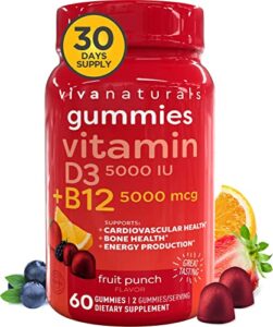 vitamin b12 5000mcg and vitamin d3 5000 iu gummies, 60 count | delicious fruit punch flavor, vitamin d and methyl b12 vitamins for energy and immune support