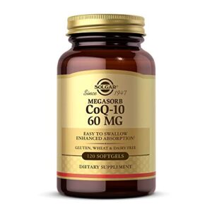 solgar megasorb coq-10 60 mg, 120 softgels – supports heart & brain health – coenzyme q10 supplement – enhanced absorption, easy to swallow – gluten free, dairy free – 120 servings