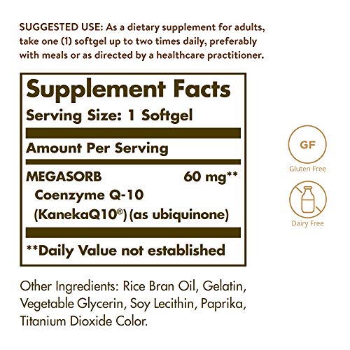 Solgar Megasorb CoQ-10 60 mg, 120 Softgels - Supports Heart & Brain Health - Coenzyme Q10 Supplement - Enhanced Absorption, Easy to Swallow - Gluten Free, Dairy Free - 120 Servings