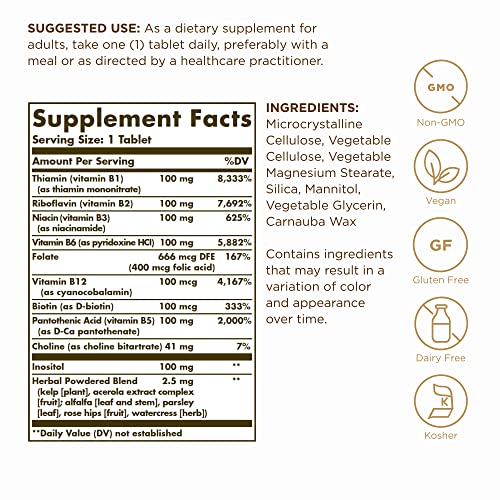 Solgar B-Complex "100" - 250 Tablets - Energy Metabolism, Cardiovascular Health, Nervous System Support - Non-GMO, Vegan, Gluten Free - 250 Servings