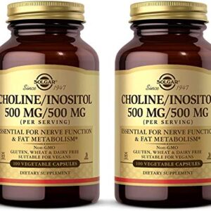 Solgar Choline/Inositol 500 mg/500 mg, 100 Vegetable Capsules - Pack of 2 - Energy Metabolism, Liver Health, Brain & Nerve Function - Non-GMO, Vegan, Gluten Free, Dairy Free - 100 Total Servings