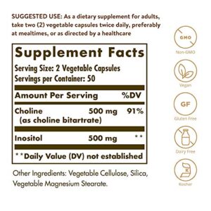 Solgar Choline/Inositol 500 mg/500 mg, 100 Vegetable Capsules - Pack of 2 - Energy Metabolism, Liver Health, Brain & Nerve Function - Non-GMO, Vegan, Gluten Free, Dairy Free - 100 Total Servings