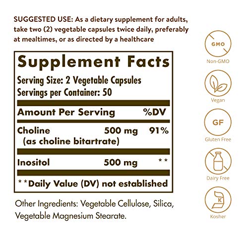 Solgar Choline/Inositol 500 mg/500 mg, 100 Vegetable Capsules - Pack of 2 - Energy Metabolism, Liver Health, Brain & Nerve Function - Non-GMO, Vegan, Gluten Free, Dairy Free - 100 Total Servings