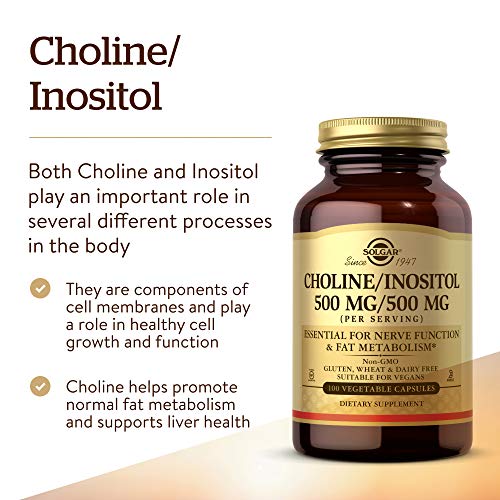 Solgar Choline/Inositol 500 mg/500 mg, 100 Vegetable Capsules - Pack of 2 - Energy Metabolism, Liver Health, Brain & Nerve Function - Non-GMO, Vegan, Gluten Free, Dairy Free - 100 Total Servings