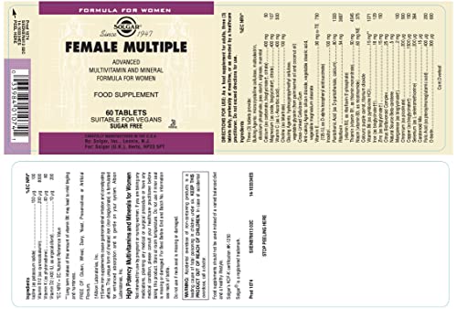 Solgar Female Multiple, 60 Tablets - Multivitamin, Mineral & Herbal Formula for Women - Advanced Phytonutrient - Vegan, Gluten Free, Dairy Free, Kosher - 20 Servings