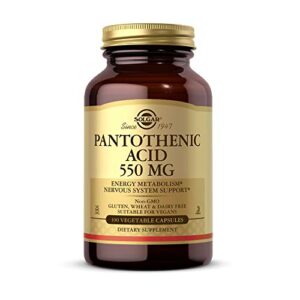 solgar pantothenic acid 550 mg, 100 vegetable capsules – vitamin b5 – energy metabolism, nervous system support – gluten free, dairy free, kosher – 100 servings