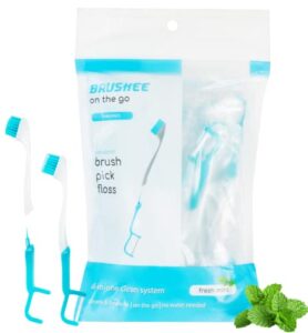 brushee – the evolution of oral care | 3-in-1 tool (pre-pasted mini-brush + floss + pick) | individually wrapped | disposable | prepasted travel toothbrushes | small adult toothbrush – (24-pack)