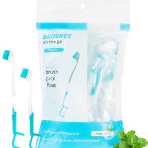 Brushee - The Evolution of Oral Care | 3-in-1 Tool (Pre-Pasted Mini-Brush + Floss + Pick) | Individually Wrapped | Disposable | Prepasted Travel Toothbrushes | Small Adult Toothbrush - (24-Pack)