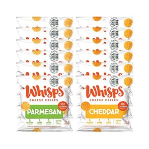 whisps cheese crisps – parmesan & cheddar cheese snacks, keto snacks, 6-9g of protein per bag, low carb, gluten & sugar free, great tasting healthy snack, all natural cheese crisps – variety, .63 oz (pack of 12)