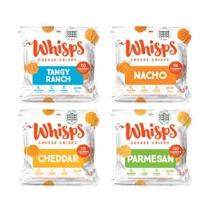 whisps cheese crisps – parmesan, cheddar, tangy ranch & nacho cheese snacks, keto snacks, 6-9g of protein per bag, low carb, gluten & sugar free, great tasting healthy snack, all natural cheese crisps – variety, .63 oz (pack of 12)