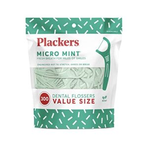 plackers micro mint dental flossers, fresh mint flavor, fold-out toothpick, super tuffloss, easy storage with sure-zip seal, 300 count