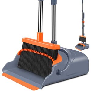 kelamayi upgrade broom and dustpan set, self-cleaning with dustpan teeth, ideal for dog cat pets home use, super long handle upright stand up broom and dustpan set (gray&orange)